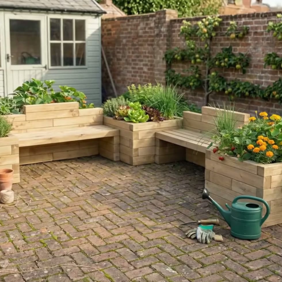 Kindertuinbank - Zithoek met moestuinbakken / 300 x 300 x 65 cm