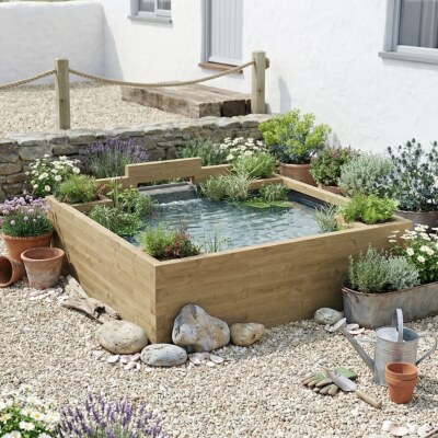 Grote verhoogde vijver met waterval / 2,25 x 2,25 x 0,65 m