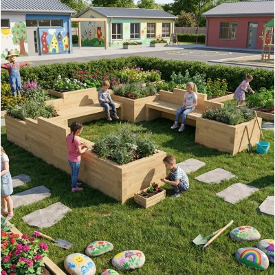 Kindertuinbank met Moestuinbakken - U-vorm XL / 3,75 x 3,75 x 0,65 m