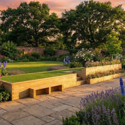 Lange Keermuur met zitgelegenheid en randbeplanting / Klantendesign op maat
