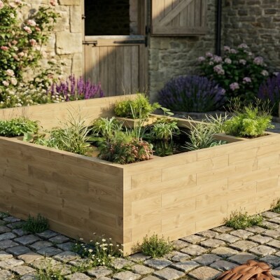 Grote verhoogde vijver met hoekplantenbakken / 1.875 x 1.875 x 0.65m