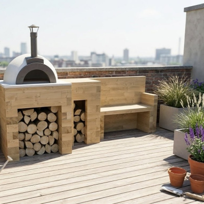 Pizzaoventafel met opslagruimte en tuinbankje / 2,7 x 0,9 x 0,95 m